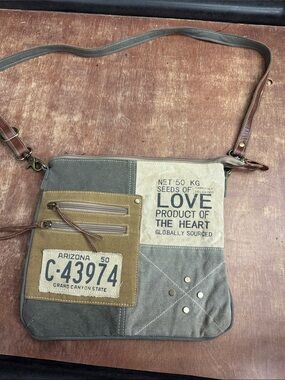 Canvas Patchwork Crossbody Bag in Olive and Tan